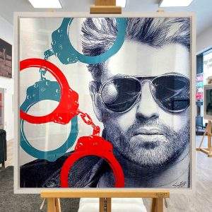 George Michael - Yes, I've Been Bad - large aluminium artwork by Louis Sidoli presented in a white maple frame.