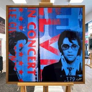 "Most Wanted" Elvis (Solid Blue, Pink) - Large aluminium artwork by Louis Sidoli presented in a walnut frame.