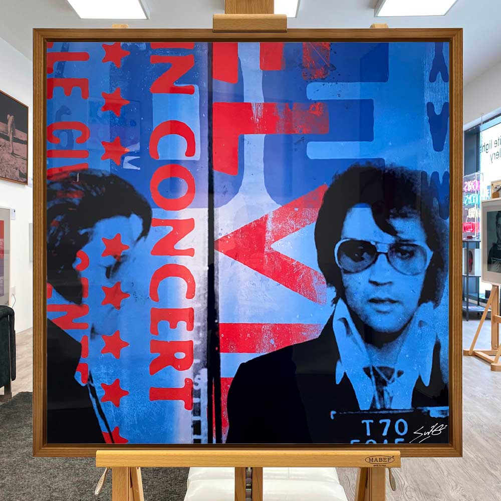 "Most Wanted" Elvis (Solid Blue, Pink) - Large aluminium artwork by Louis Sidoli presented in a walnut frame.