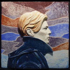 David Bowie - Low Wall Panel Painted Ceramic (Blue Background) By Maria Primolan