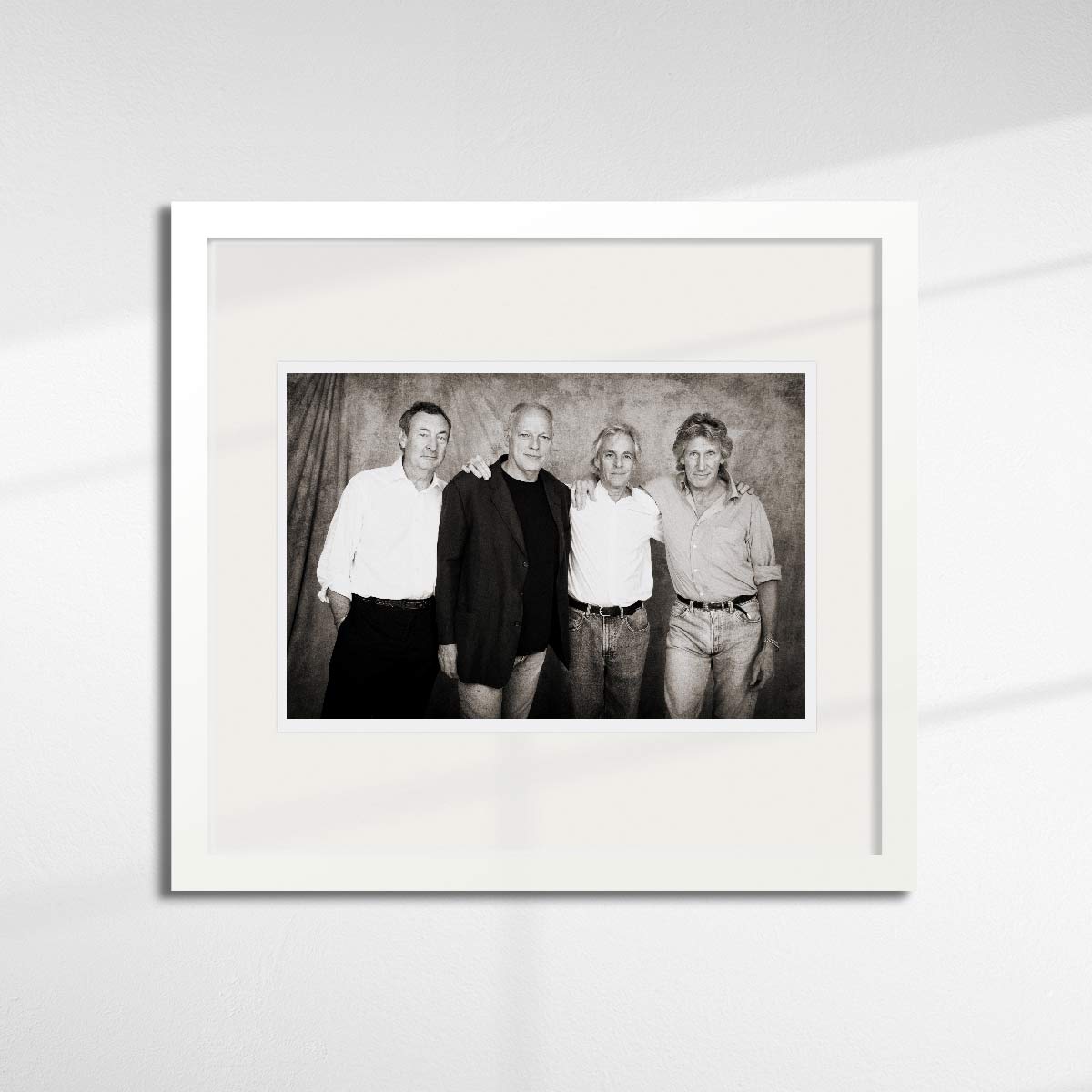 Pink Floyd group shot, limited edition print by Brian Aris available in a white frame.