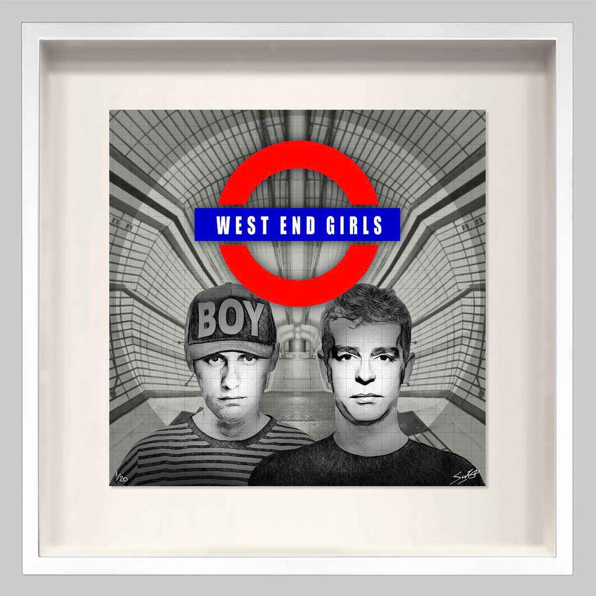 "West End Girls" Pet Shop Boys. A limited edition fine art print by Louis Sidoli presented in a white frame.
