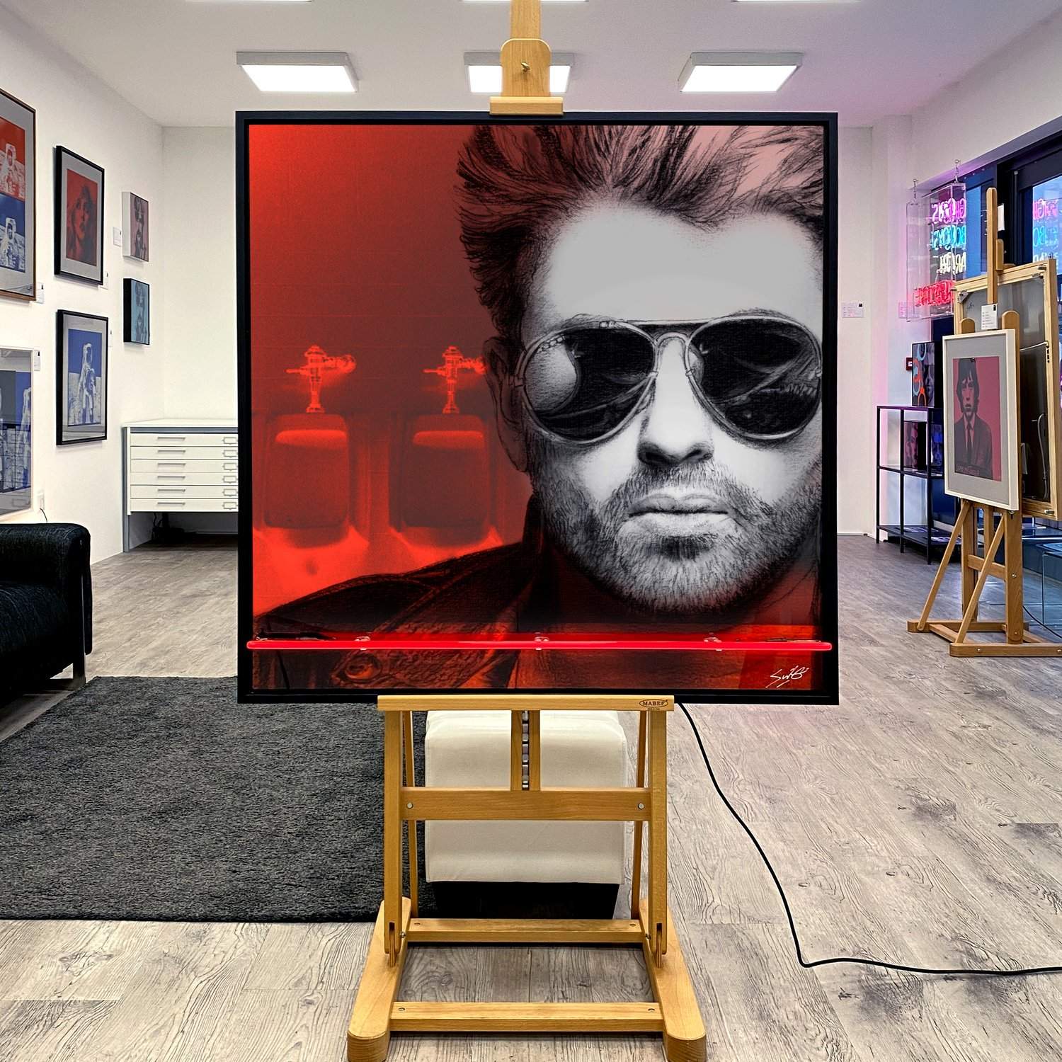 "Let's Go Outside" George Michael (Solid Black, Red) - aluminium and neon artwork by Louis Sidoli