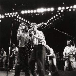 Limited edition print of Mick Jagger and David Bowie on stage by Brian Aris